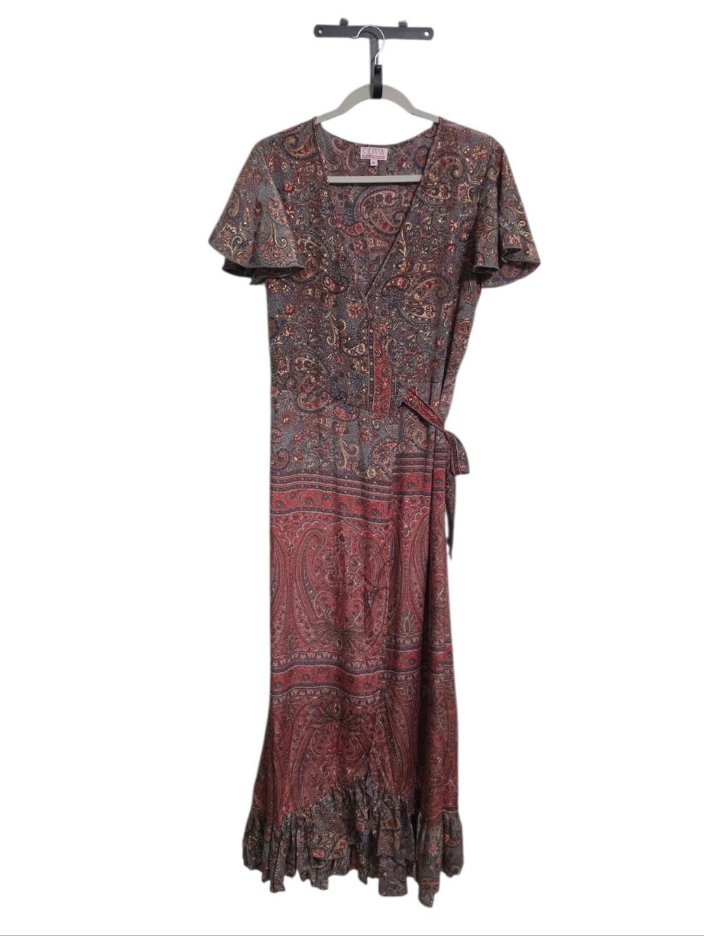 Cienna Paisley Floral Wrap Maxi Dress M Ruffled Earthy Boho